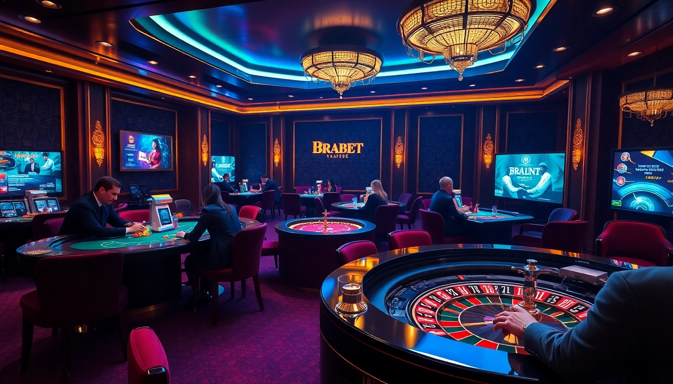 BRABET offers an exhilarating poker game experience with colorful chips and engaging players in a luxurious casino setting.