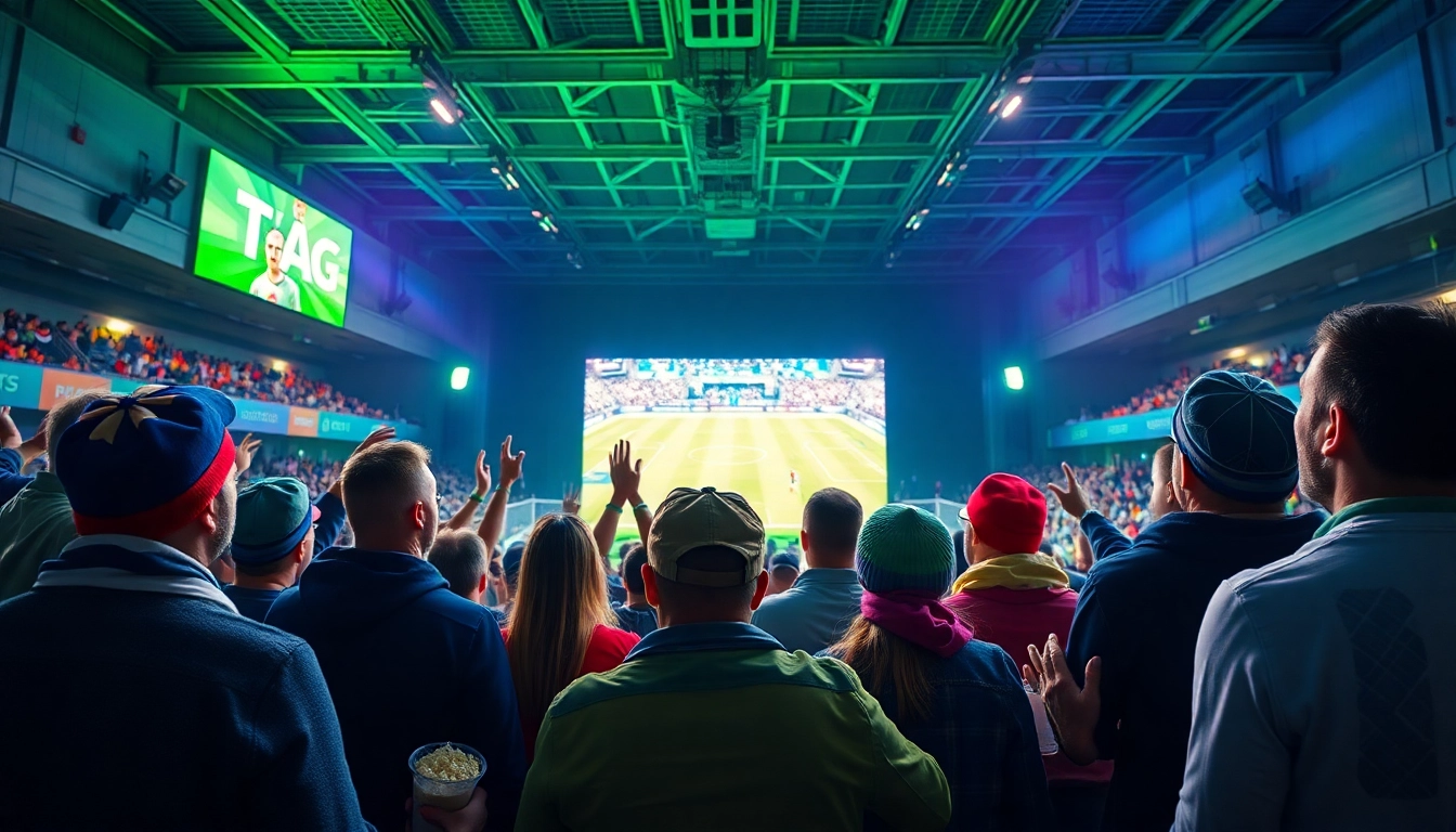Enthusiastic fans enjoying a live sports broadcast on 토토티비, enhancing the communal atmosphere.