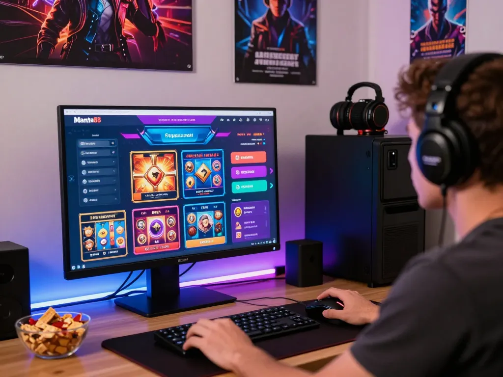 Engaged user accessing mantra88 login on a vibrant gaming interface with colorful slots and betting options in a cozy home office.