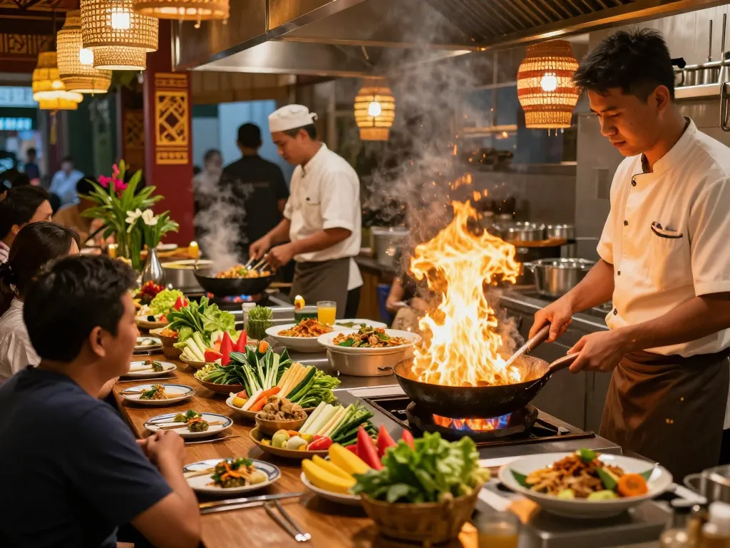 88Pulsa restaurant scene with chefs expertly preparing Asian and Thai cuisine during a busy dinner rush.