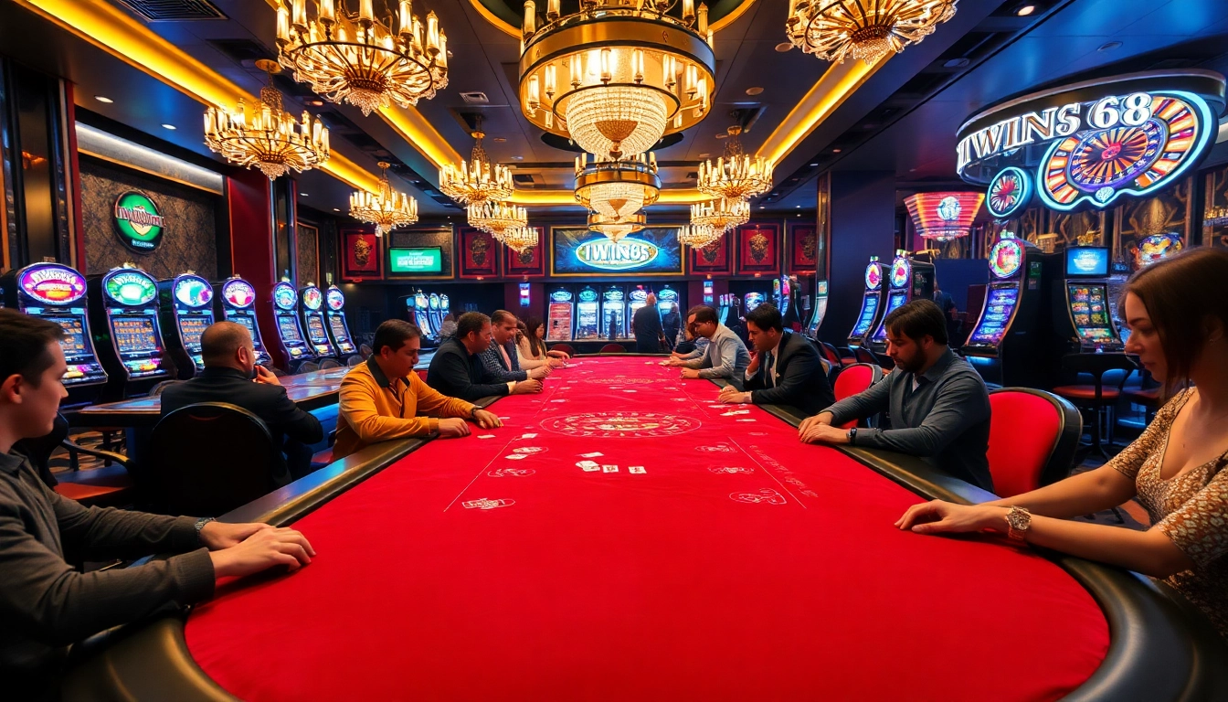 IWIN68 gaming table with excited players engaging in high-stakes card games, showcasing luxury and fun.