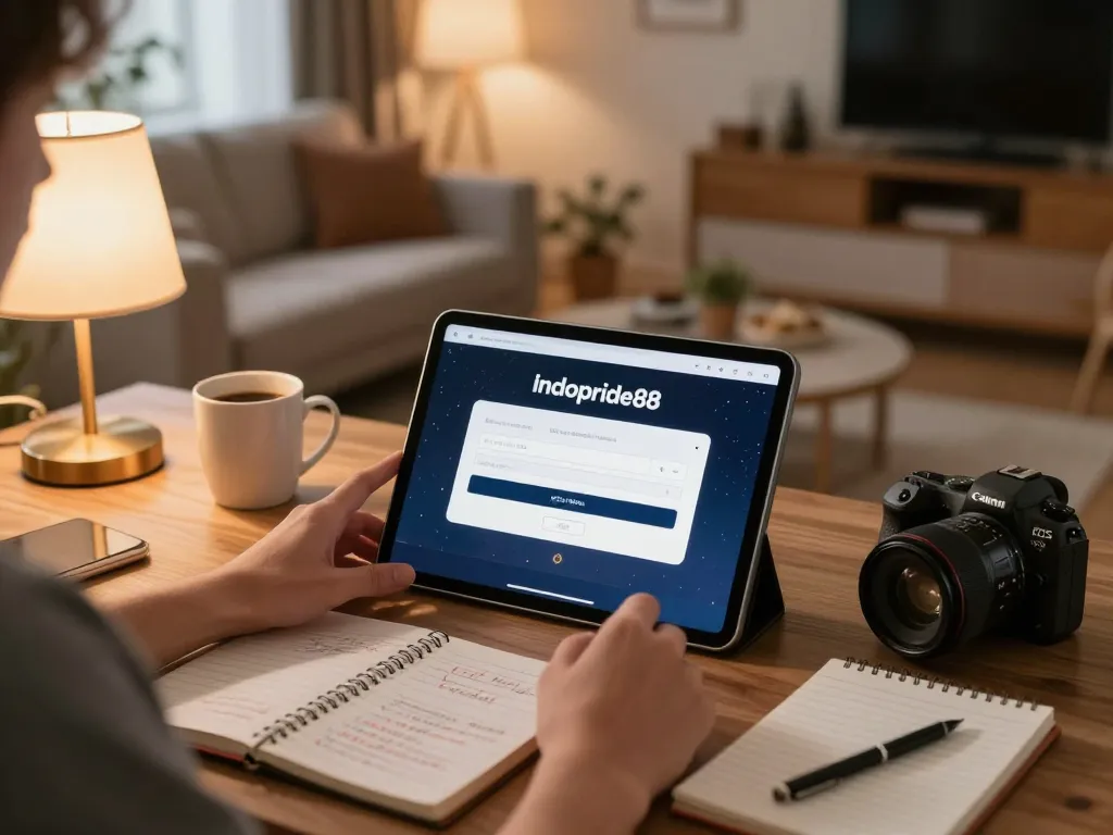 Engaging in online gaming through the indopride88 login interface at home, showcasing a cozy setting