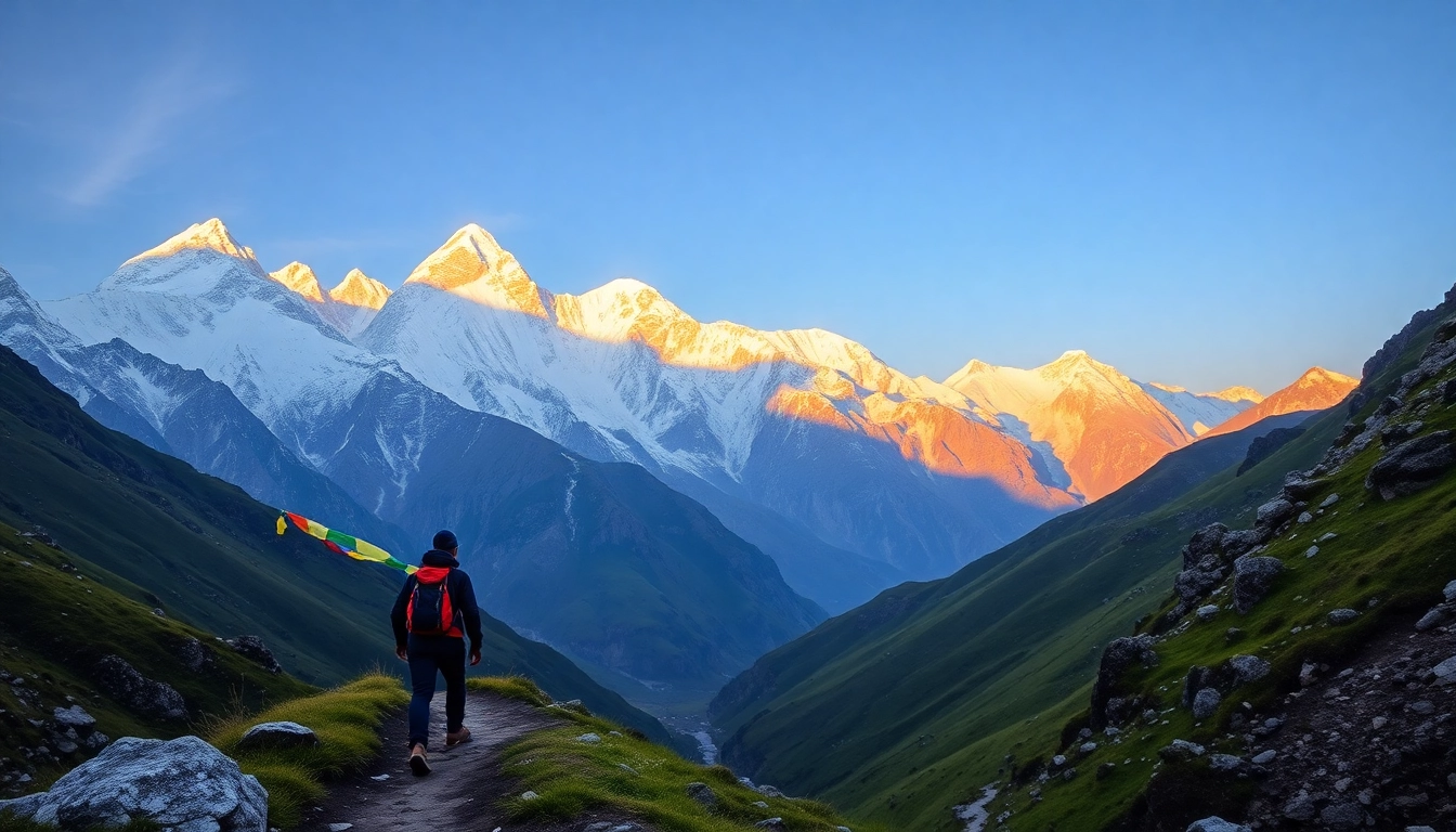 Stunning view of the Manaslu Circuit with a trekker, showcasing Mount Manaslu at dawn.
