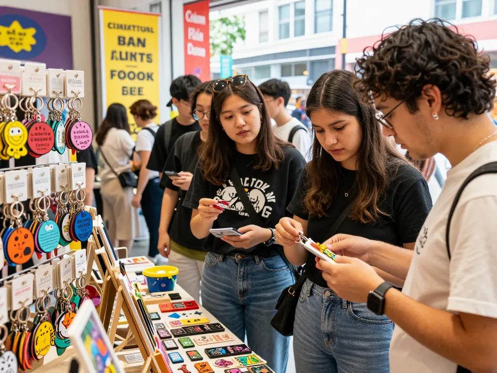 Engaging retail scene showcasing custom key chains, with vibrant designs and diverse customers exploring their options.