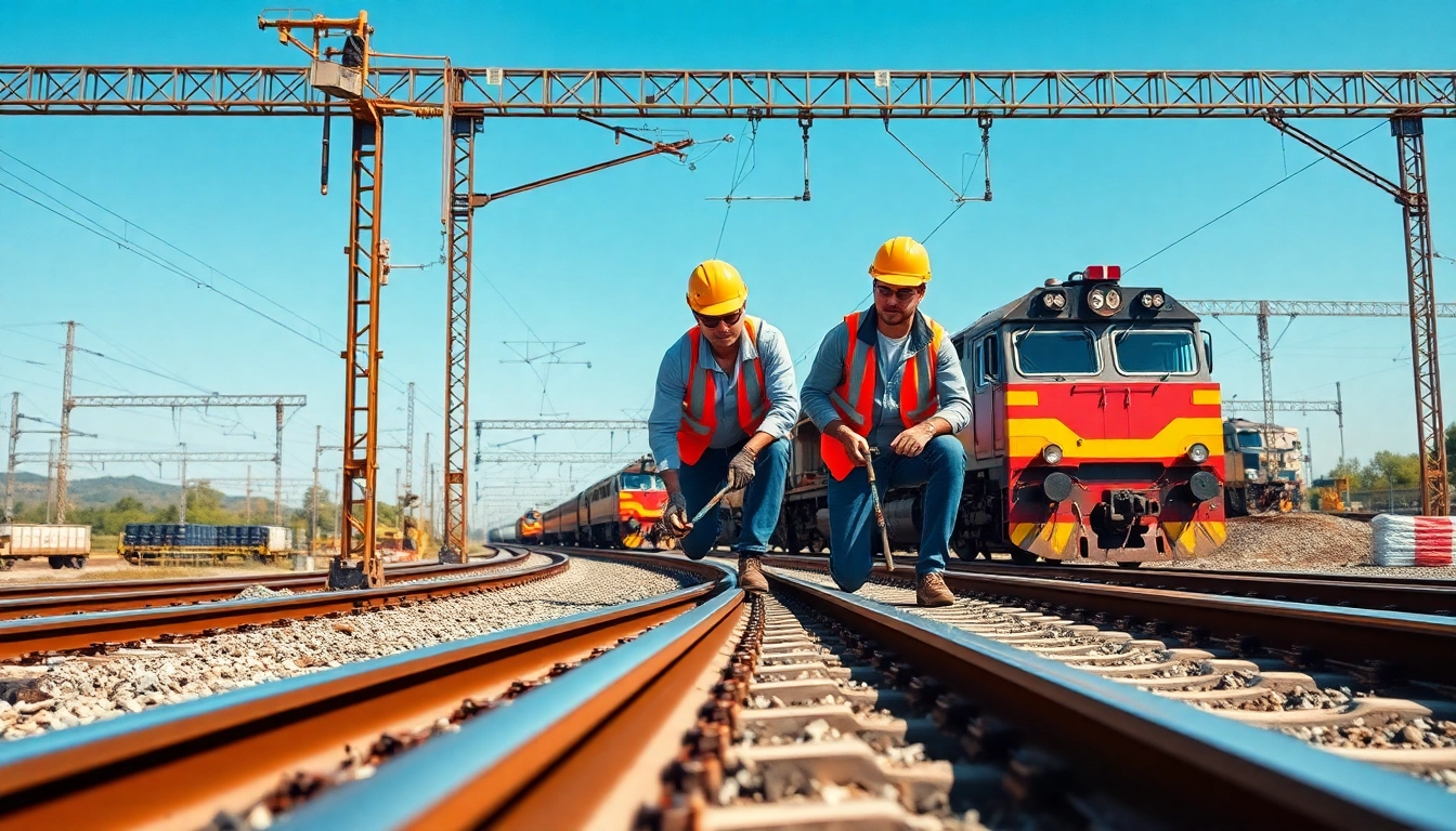 Workers engaged in ows rail maintenance in a busy rail yard with trains in the background.