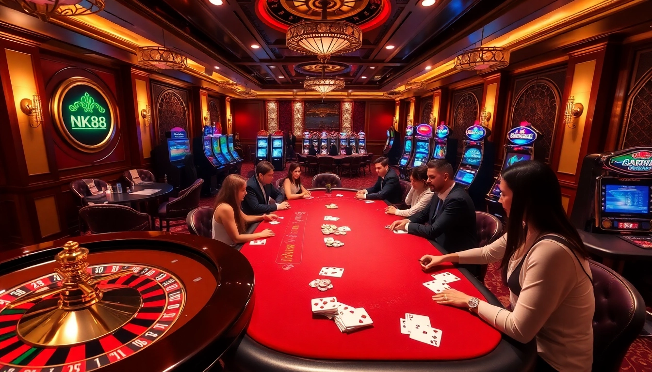 Engaging casino action at nhà cái NK88 with players at poker and roulette tables.