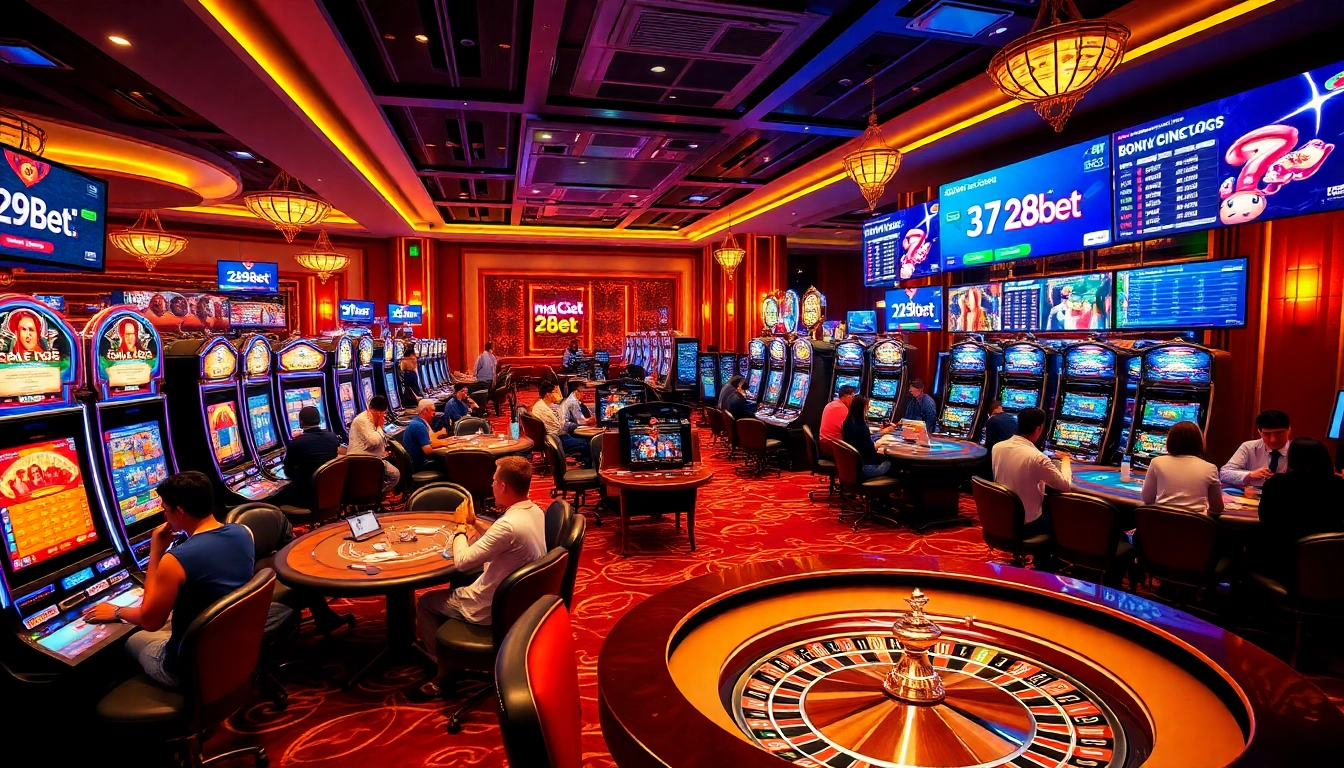 Engaging gamblers at a vibrant casino scene with nhà cái 28bet atmosphere.