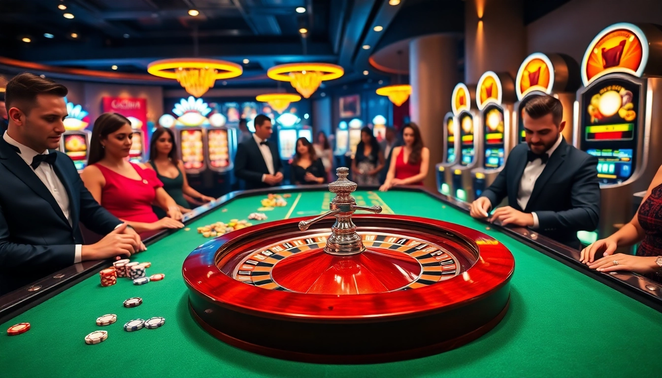 Ressentez l'excitation dans un casino en ligne somptueux avec une roulette tournante et des jetons de poker vibrants.