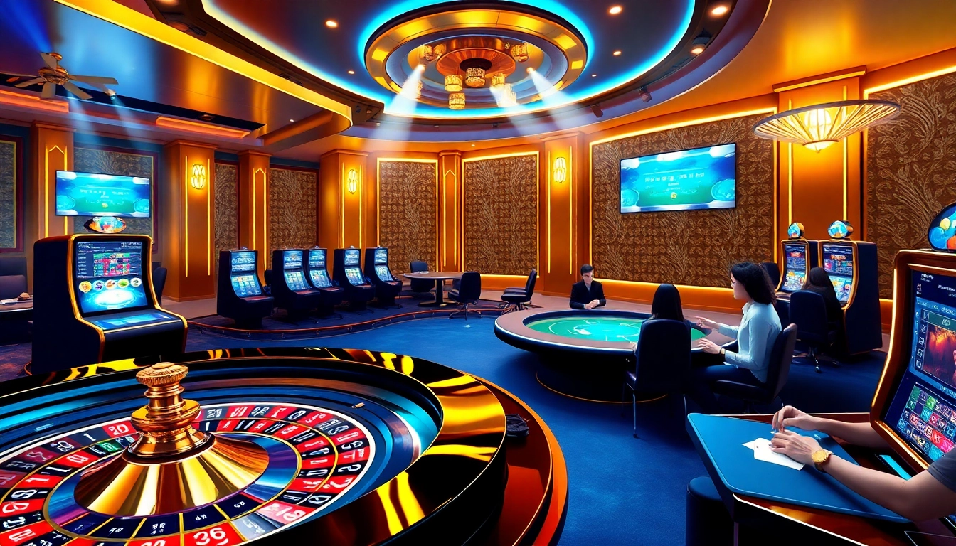 Tobet88 online casino showcasing vibrant game action with poker tables and roulette wheels.