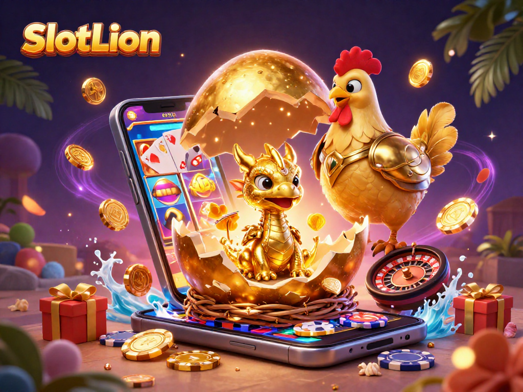 Spin to win at SlotLion with a golden dragon, poker chips, and vibrant slot game elements!