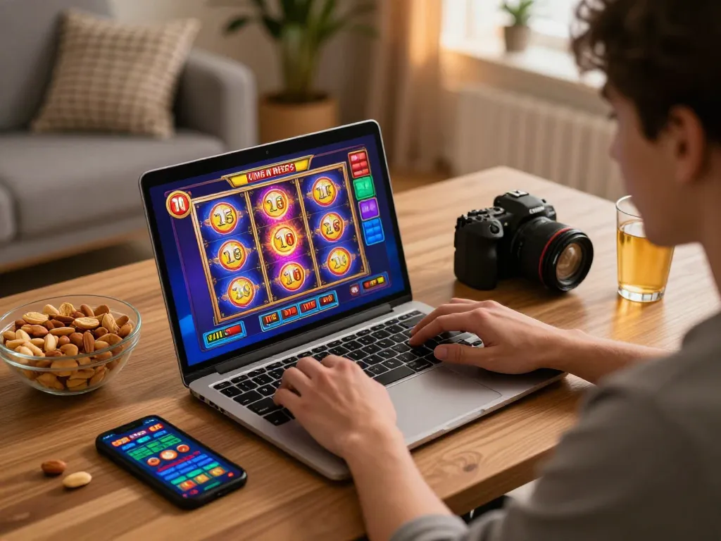 Engaging in situs slot gacor gameplay on a laptop showcasing vibrant slot games, creating a lively online gaming atmosphere.