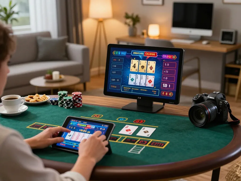 Player engaging with g28 online casino games on a tablet amid a cozy home office setting, focusing on strategy.