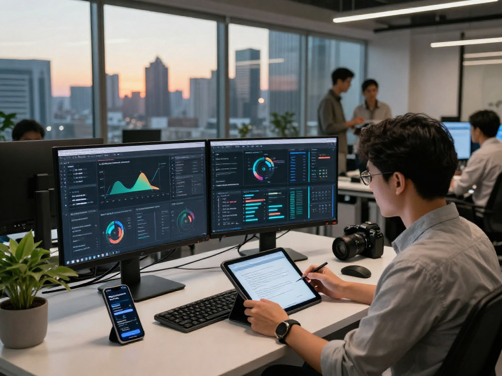AI detector in action, showcasing advanced analytics dashboard with content moderation metrics in a modern workspace environment.