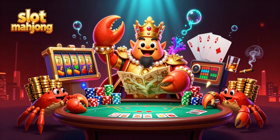 Engage in slot mahjong action with a golden crab emperor and vibrant casino elements.