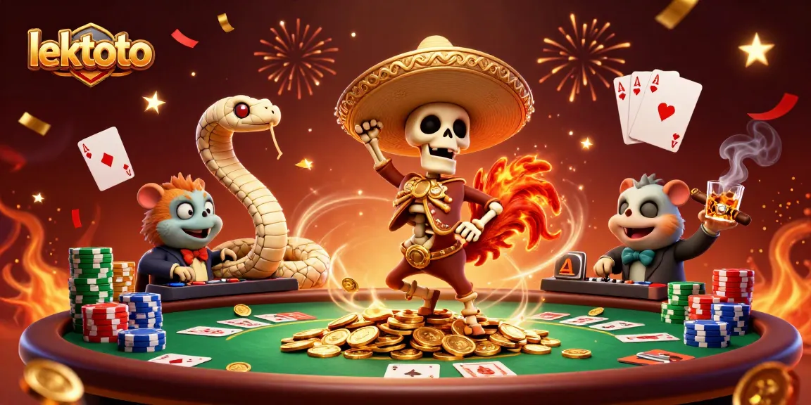 Experience lektoto's thrilling casino atmosphere with a vibrant victory dance scene amidst poker elements.