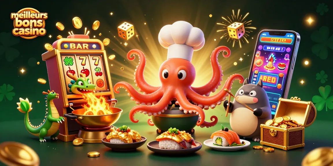 Les meilleurs bonus casino illustrés par un chef sushi en 3D entouré de dragons et de symboles de machines à sous.