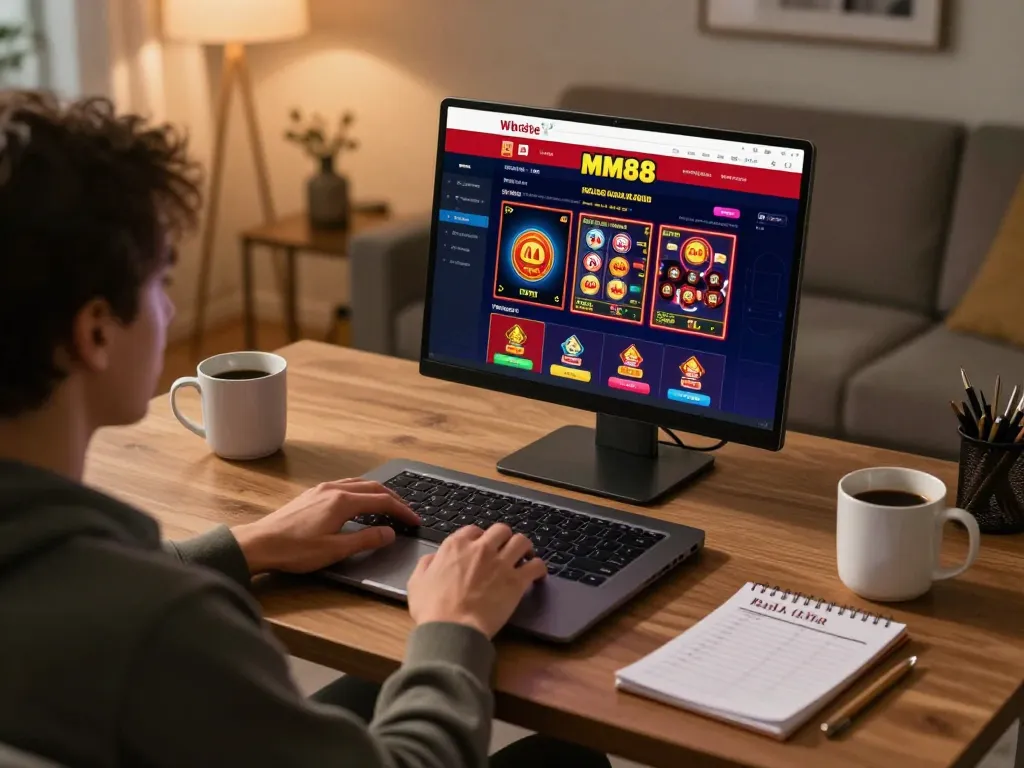 Engaging gameplay on Website MM88, showcasing a player enjoying an online casino experience with live dealers and vibrant slots.