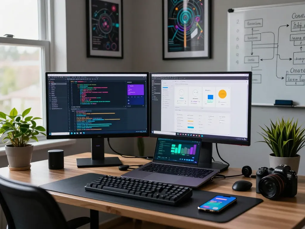 Developer optimizing Moltbot mac setup in a modern workspace with coding interfaces and tech gadgets.