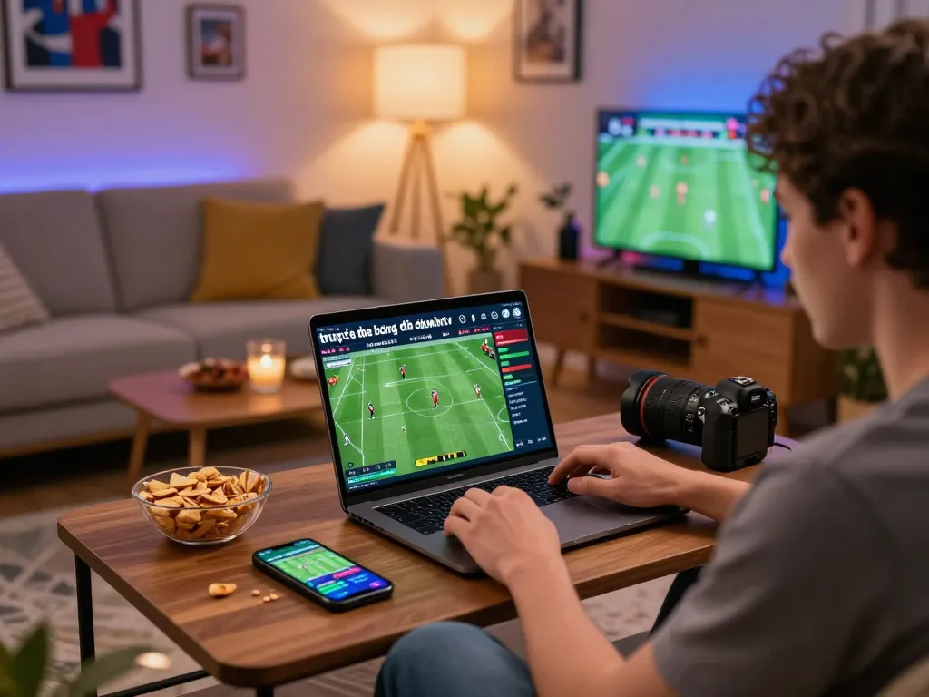Enjoying trực tiếp bóng đá okwintv online sports betting at home with snacks and cozy lighting.