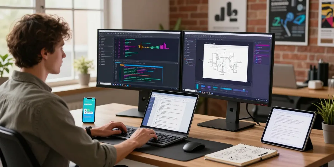 Developer coding at scenadomen.pl workspace with dual monitors and natural light.