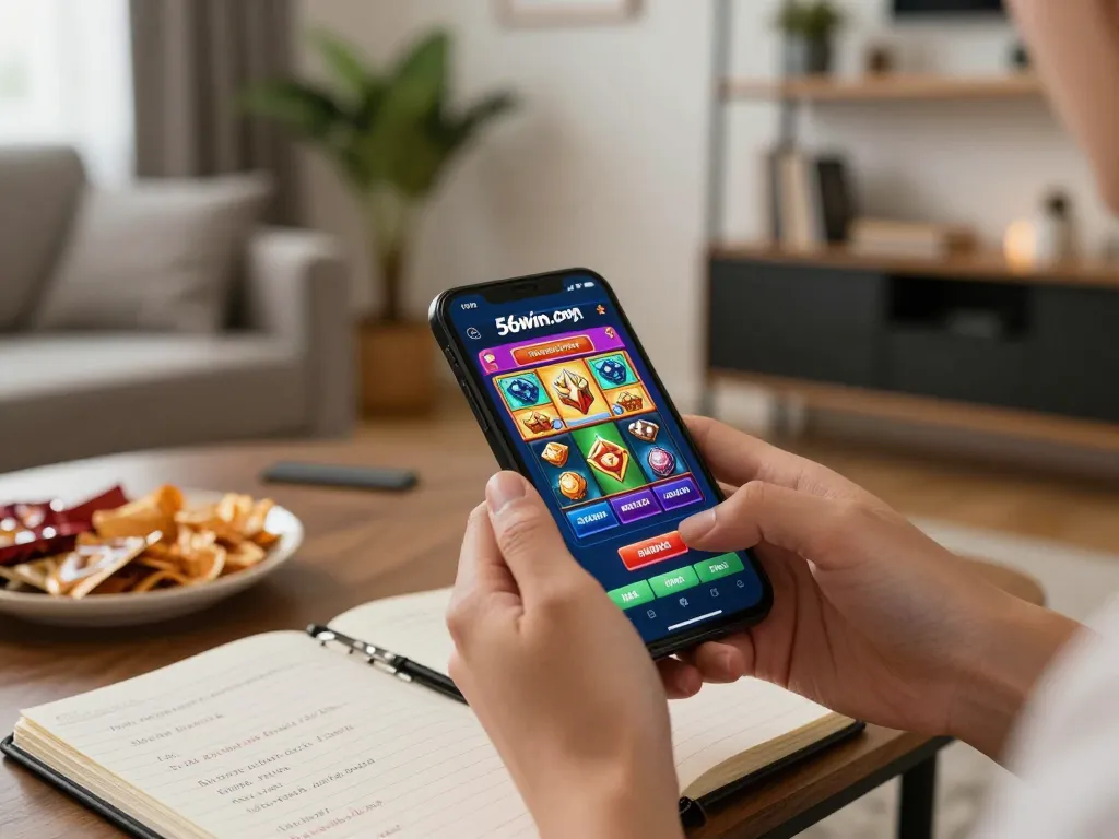 Engaging moment of playing on 56win.com app with smartphone in hand, showcasing vibrant game interface