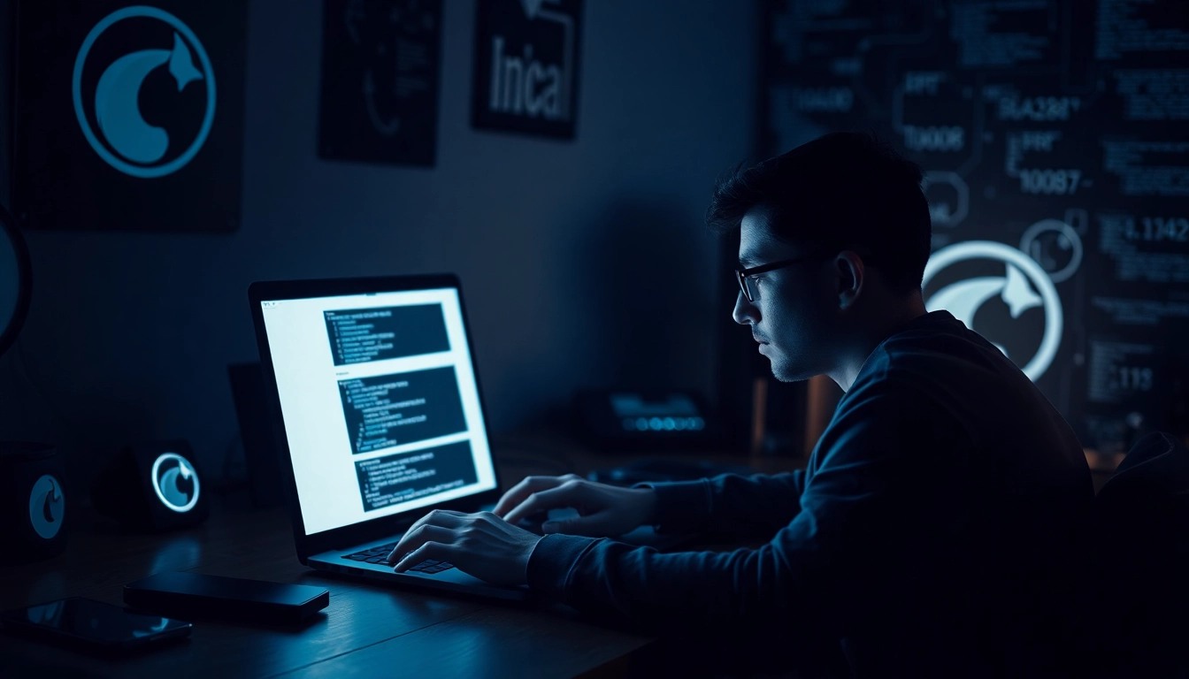 An individual exploring hidden wiki 1 on a laptop in a dimly lit room, symbolizing the dark web experience.