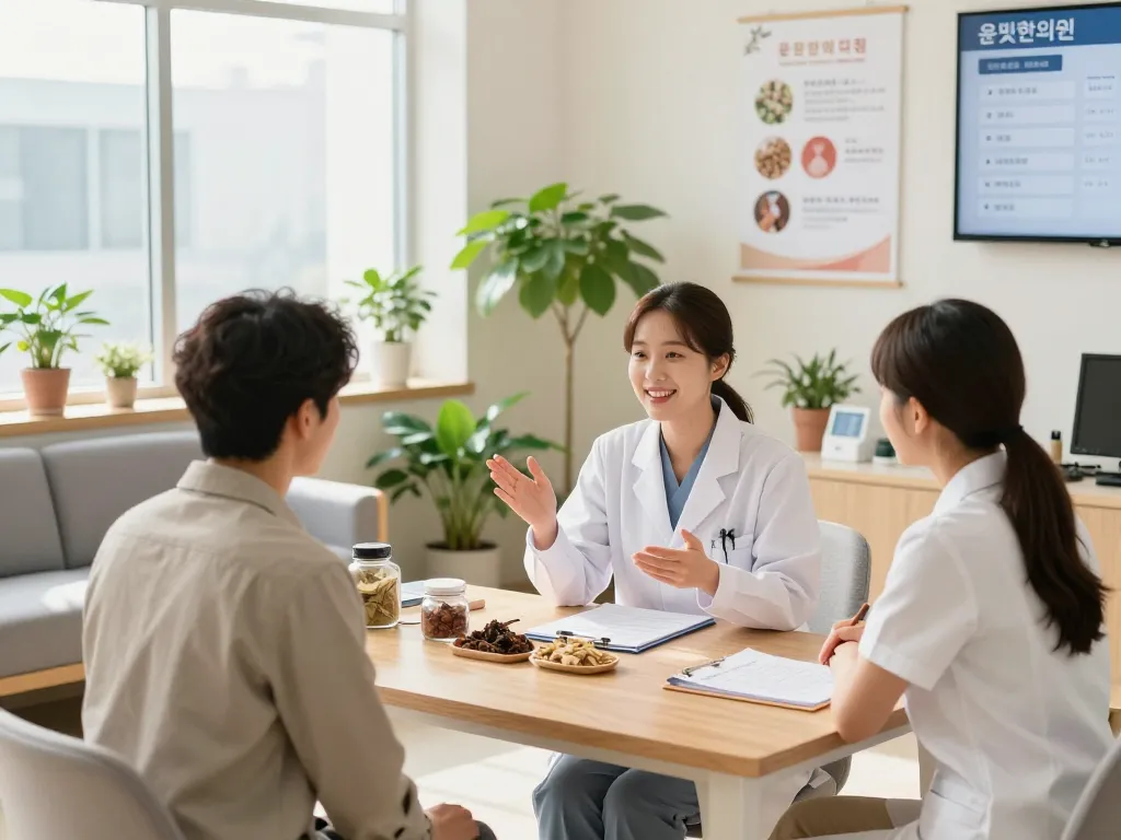 Welcoming scene at 수원한의원 clinic with diverse staff assisting patients, showing holistic healing ambiance.