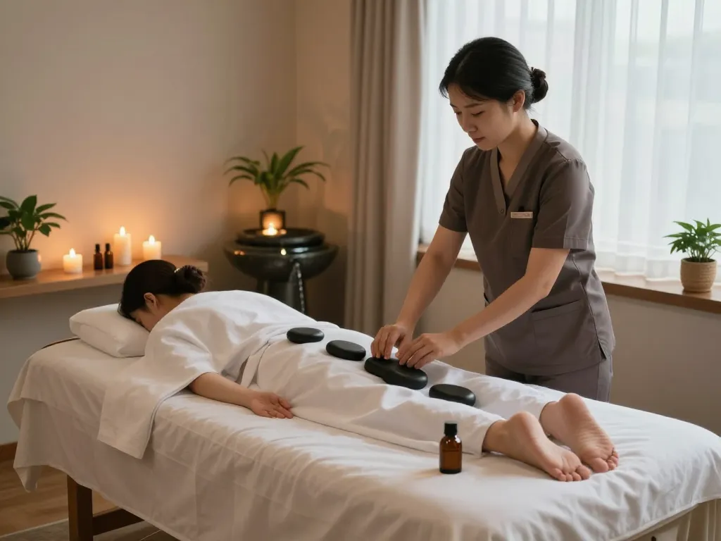 Serene 삼성동마사지 spa room setup with soothing ambiance and professional therapist preparing.