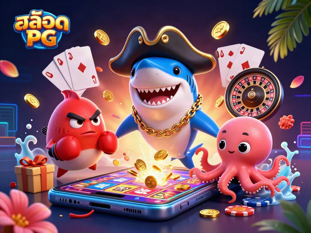 เกมสล็อต สล็อต PG สร้างความสนุกสนานกับภาพการเล่นเกมที่เต็มไปด้วยเหรียญทองและอุปกรณ์คาสิโน