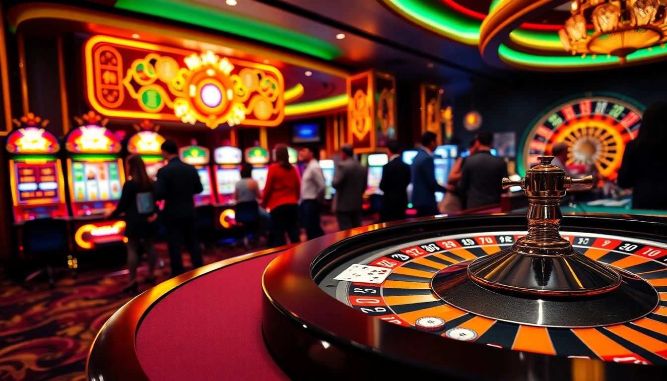 Vibrant casino gaming scene showcasing excitement at nhà cái thabet with poker and slot elements.