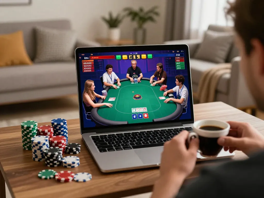 Manclub online gaming experience with engaging poker action on laptop.