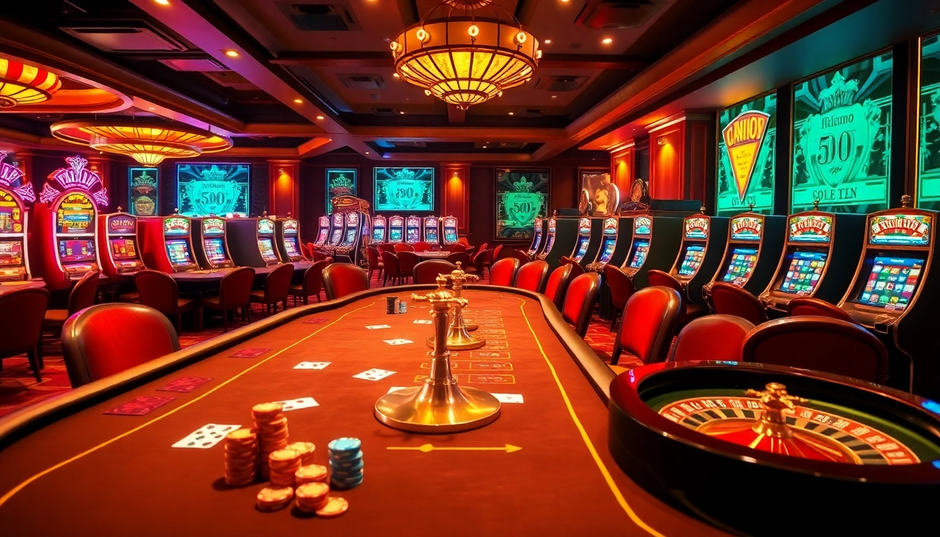 Attraper une partie de poker à enjeux élevés dans un casino en ligne luxueux, avec des jetons et des cartes vibrants.