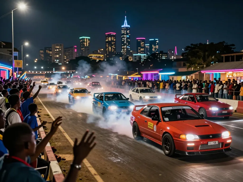 Street racing in Kenya showcasing thrilling urban competition with vibrant lights and high-performance cars.