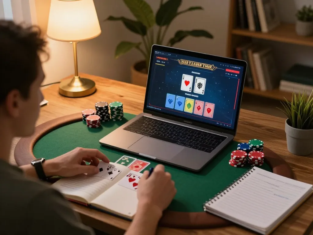 Engaged player using fb88 for online poker sessions, analyzing strategies with notes