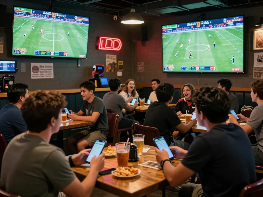 Live football action on large screens at a bustling sports bar, highlighting trực tiếp bóng đá okwintv.