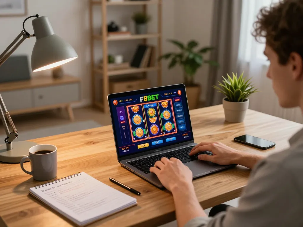 Player engaging in online gaming at F8BET with notes on betting strategies and cozy decor.