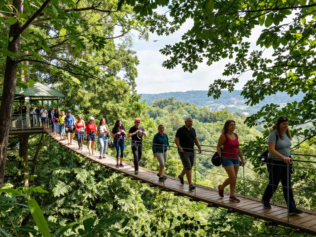 Treetop Walkway with visitors surrounded by vibrant forest canopy, highlighting exploration and nature immersion.