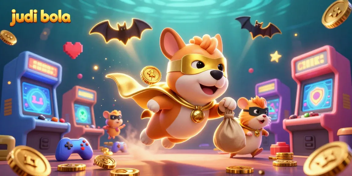 Engage in judi bola with thrilling action featuring a superhero dog character in a dynamic casino-themed scene.