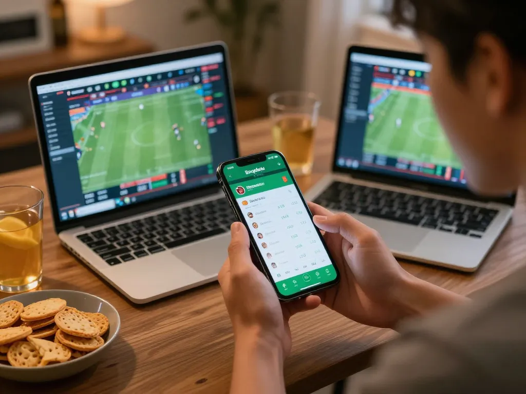 Bongdalu user actively engaging with live sports betting on mobile in a cozy home setting