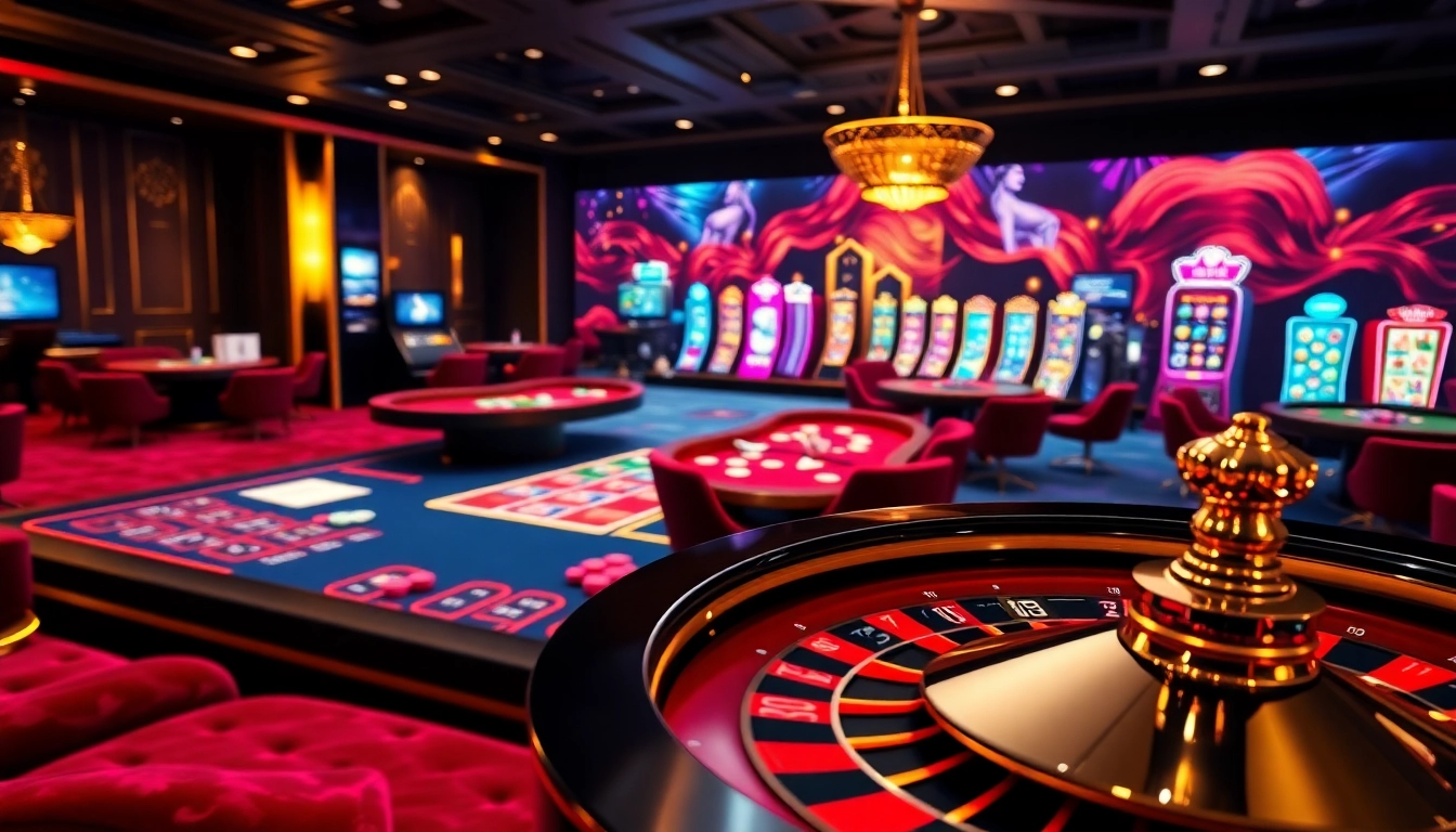 IWIN68 offers a luxurious online gambling experience with vibrant casino tables and spinning roulette wheels.
