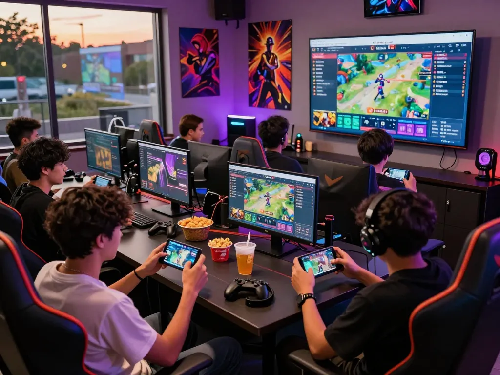 Friends enjoying gaming together on autowin88 platform in a lively lounge.