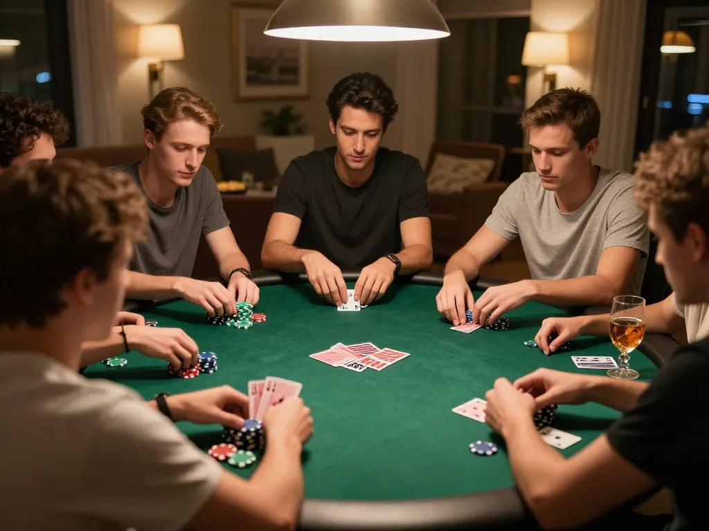 Engaged friends playing poker at home, enjoying the thrill of gambling with giường bệnh nhân visible in the background.