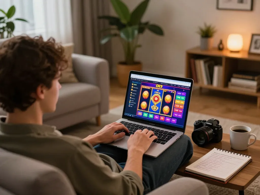 Player exploring exciting Ok9 online casino games on a cozy home setup with engaging interface