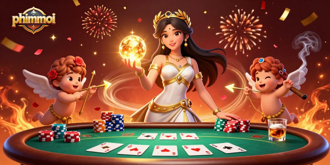 Experience phimmoi at a vibrant casino scene with a goddess surrounded by poker elements and cherubs.