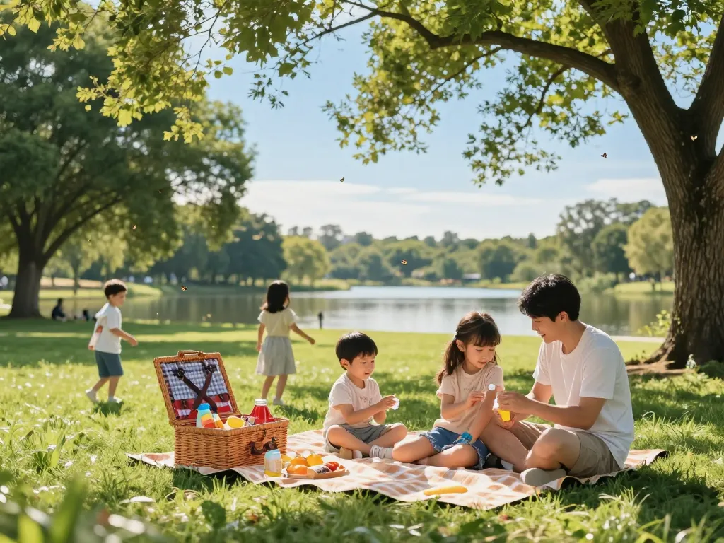 Family applying the best mosquito repellent at a summer picnic in a park.