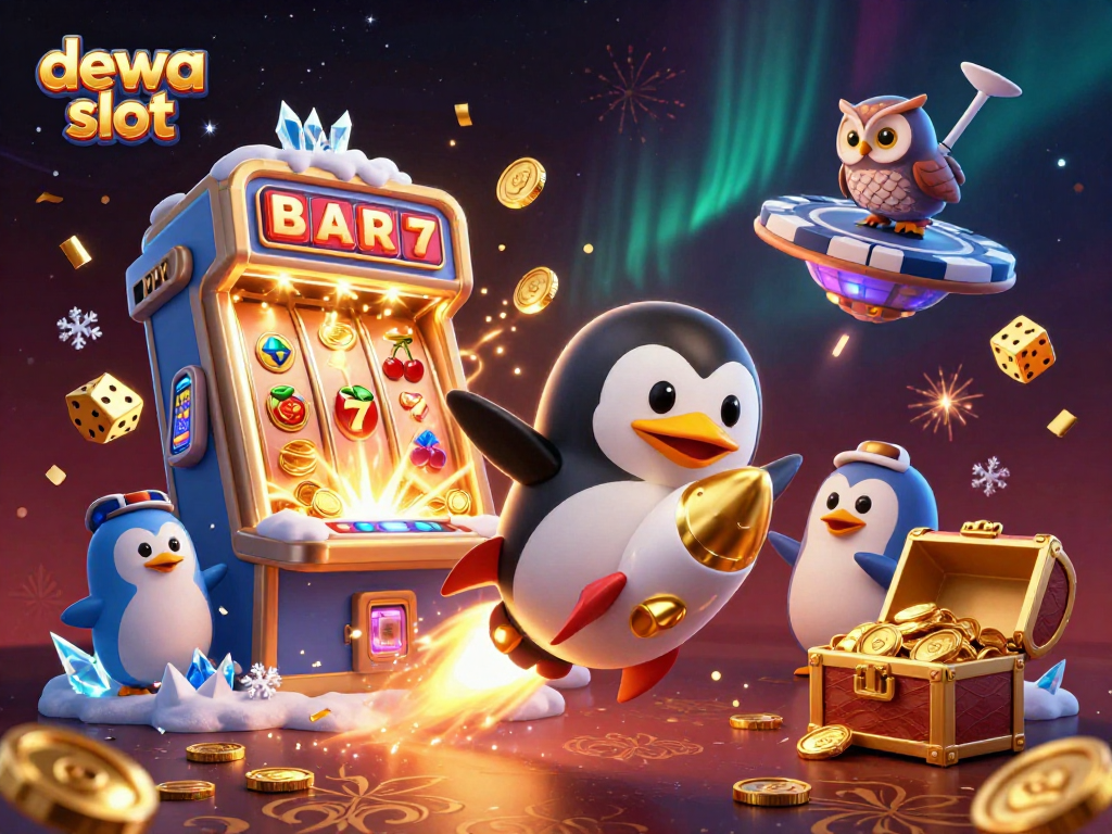 Permainan dewa slot menampilkan penguin emas bertenaga roket dalam perjalanan dengan simbol slot yang mengelilinginya.