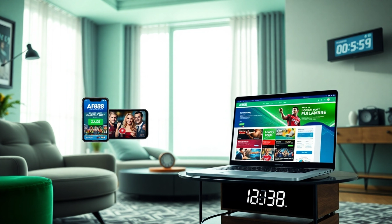 AF88 online gambling interface displayed on smartphone and laptop, showcasing vibrant gaming experience.