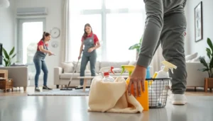 Cleaning Service professionals diligently cleaning a bright living room, showcasing a tidy and inviting space.