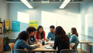 Students engaging in collaborative Education activities in a vibrant classroom.
