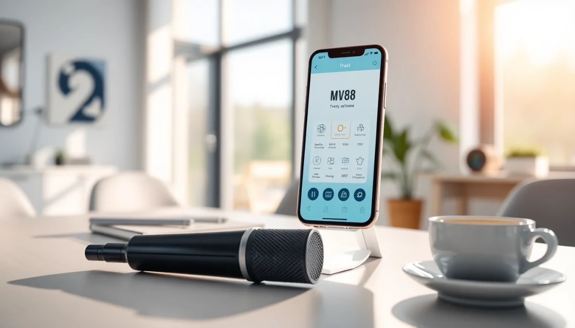 MV88 app interface displayed on a mobile device in a professional workspace.